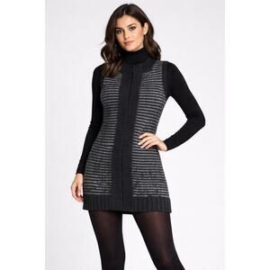 Rachel Roy M Sleeveless Sweater Tunic Vest Black Tan Sleeveless Wool Blend Fuzzy